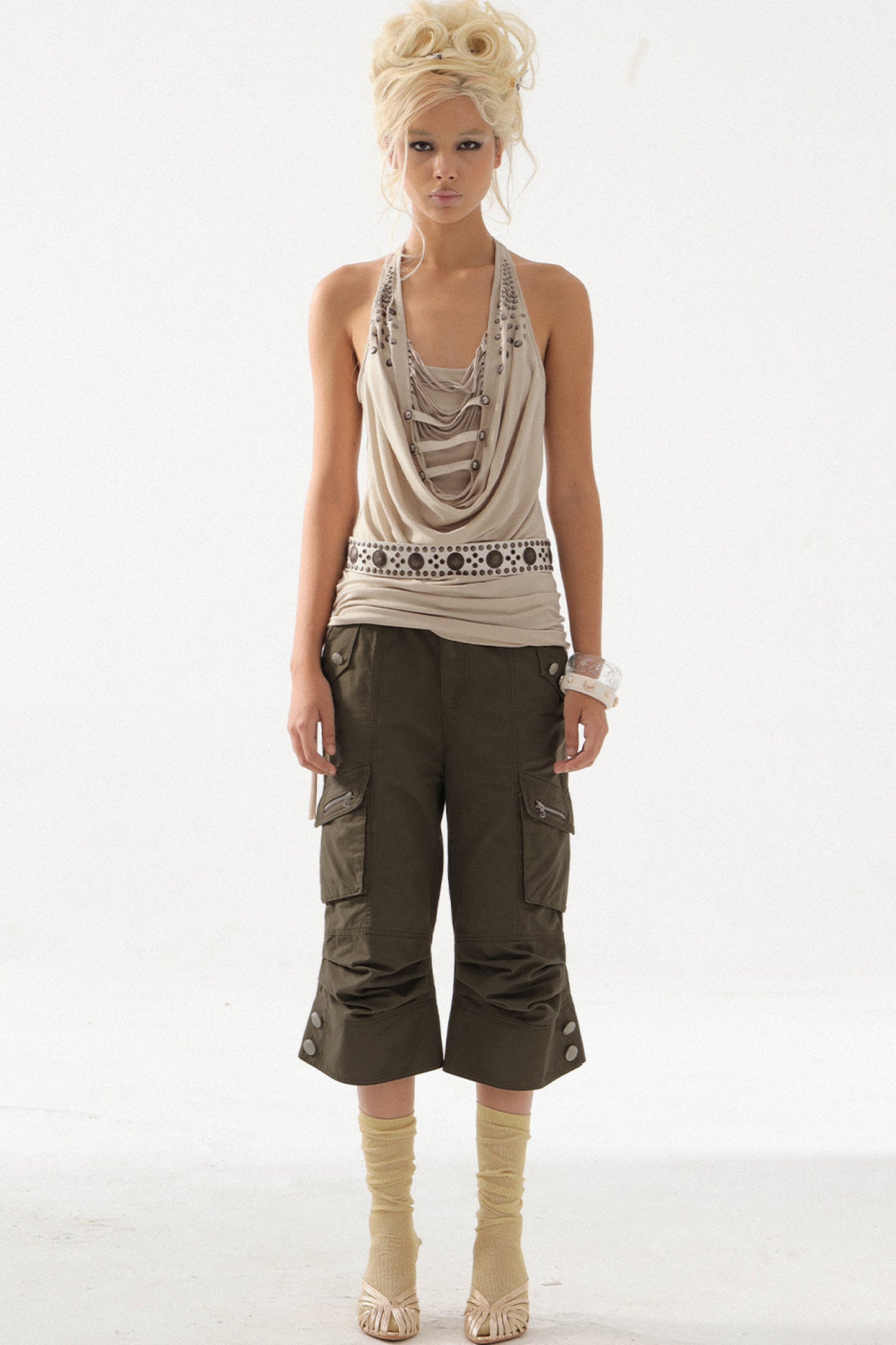Pleated Rhinestone Halter Top