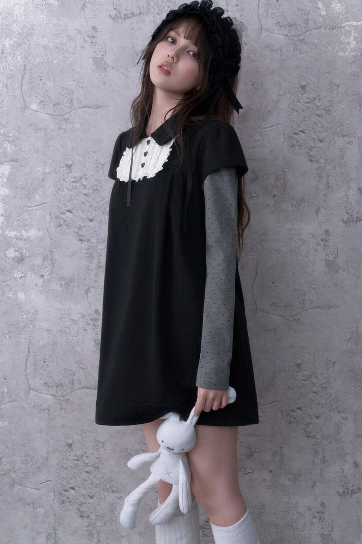 Dark Doll Collar Layered-Look Long Sleeve Dress
