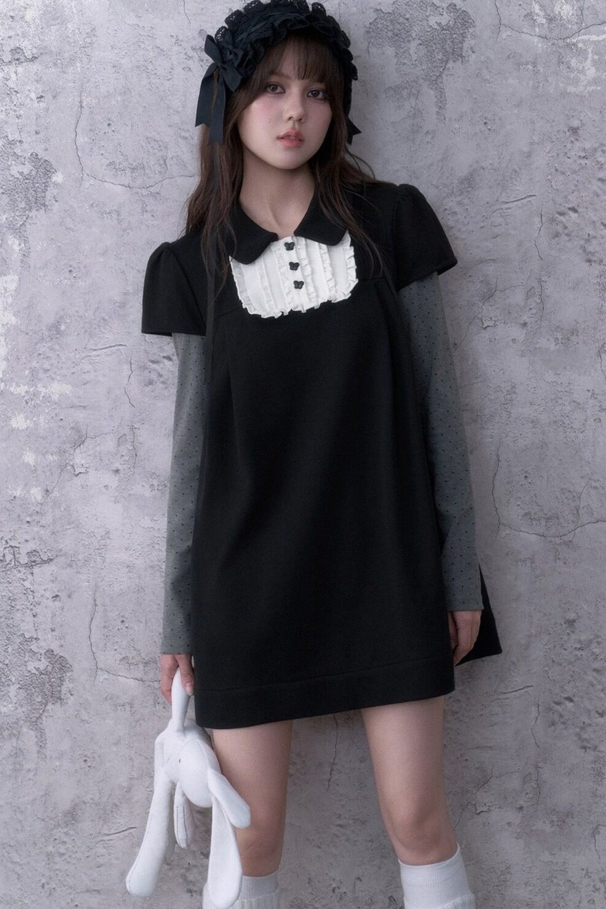 Dark Doll Collar Layered-Look Long Sleeve Dress
