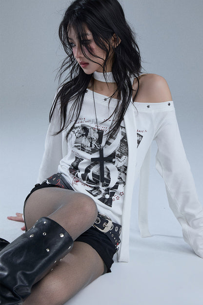 White Off-Shoulder Graphic Long-Sleeve T-Shirt