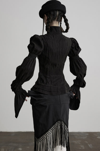 Three-Dimensional Lotus Sleeve Long-Sleeve High-Neck Shirt