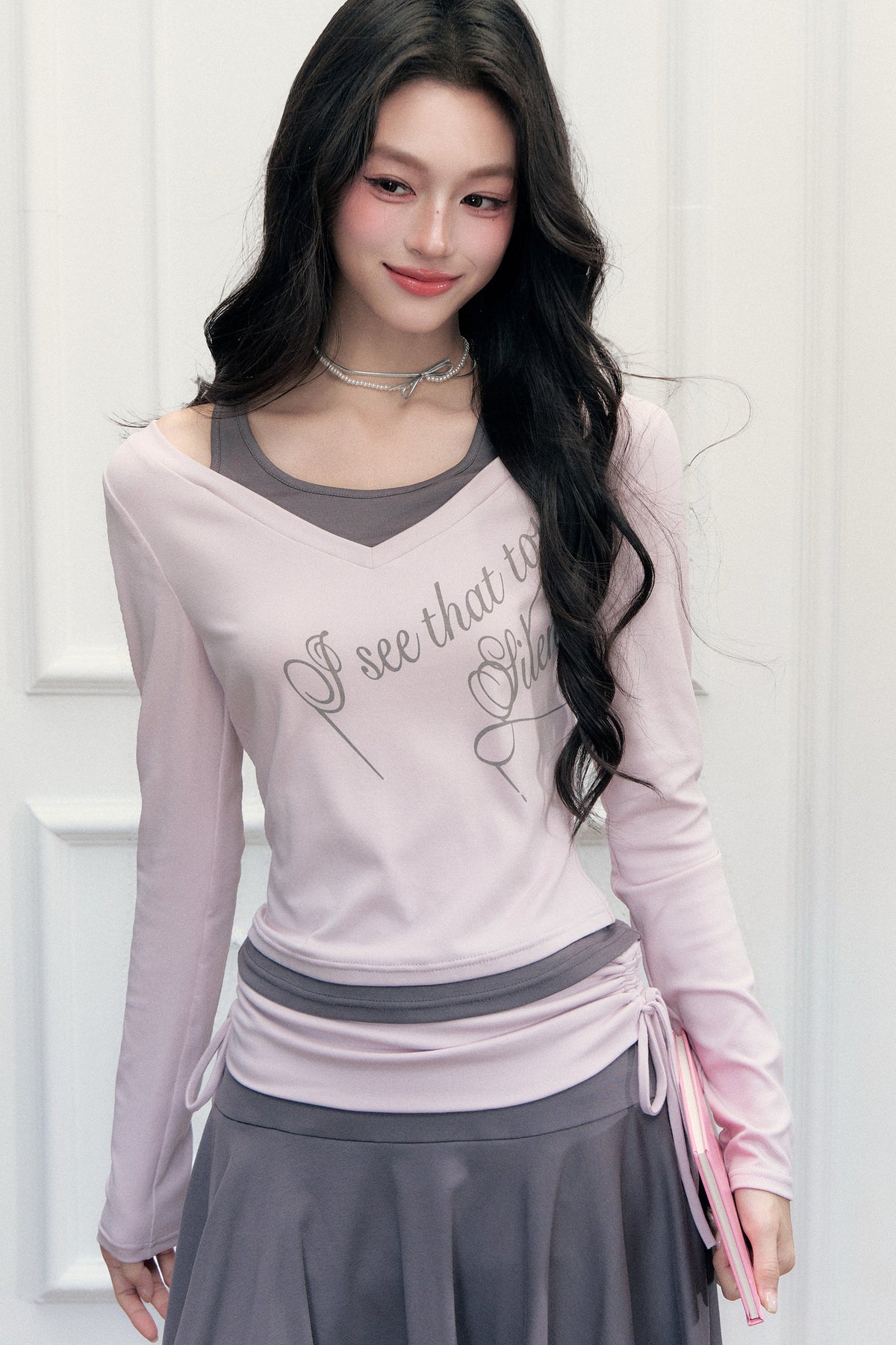 Layered-Look Letter Print Top and Skirt Set-Up