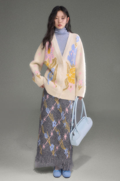 Ear-Shaped Wool-Blend Bird and Flower Jacquard Dress Set-Up