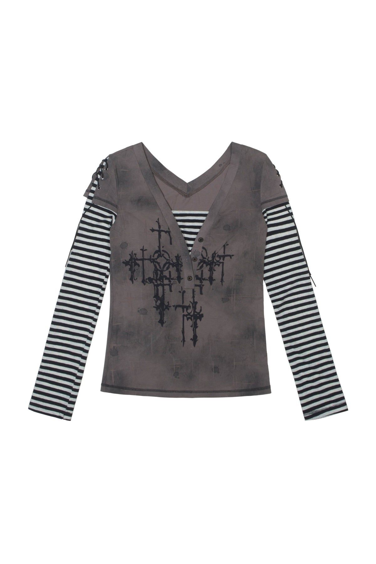 Cross Print Layered-Look V-Neck T-Shirt