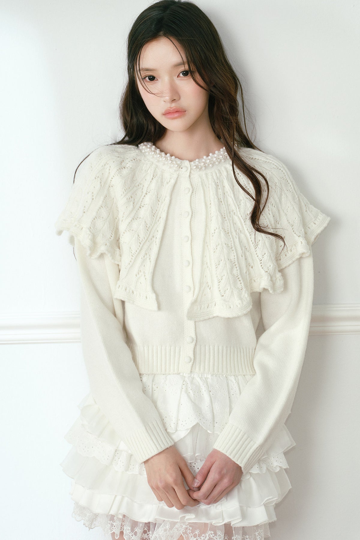 White Pearl Collar Cape Shawl Knit Sweater