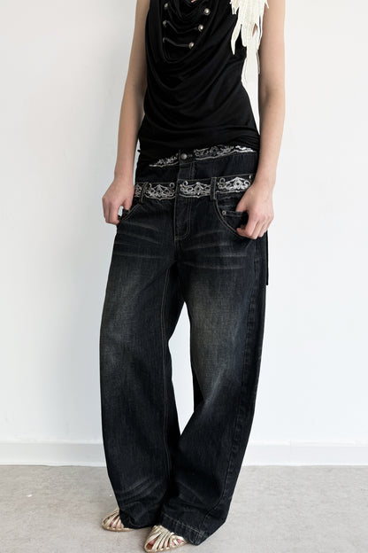 Scimitar-Cut Sequin Distressed Jeans