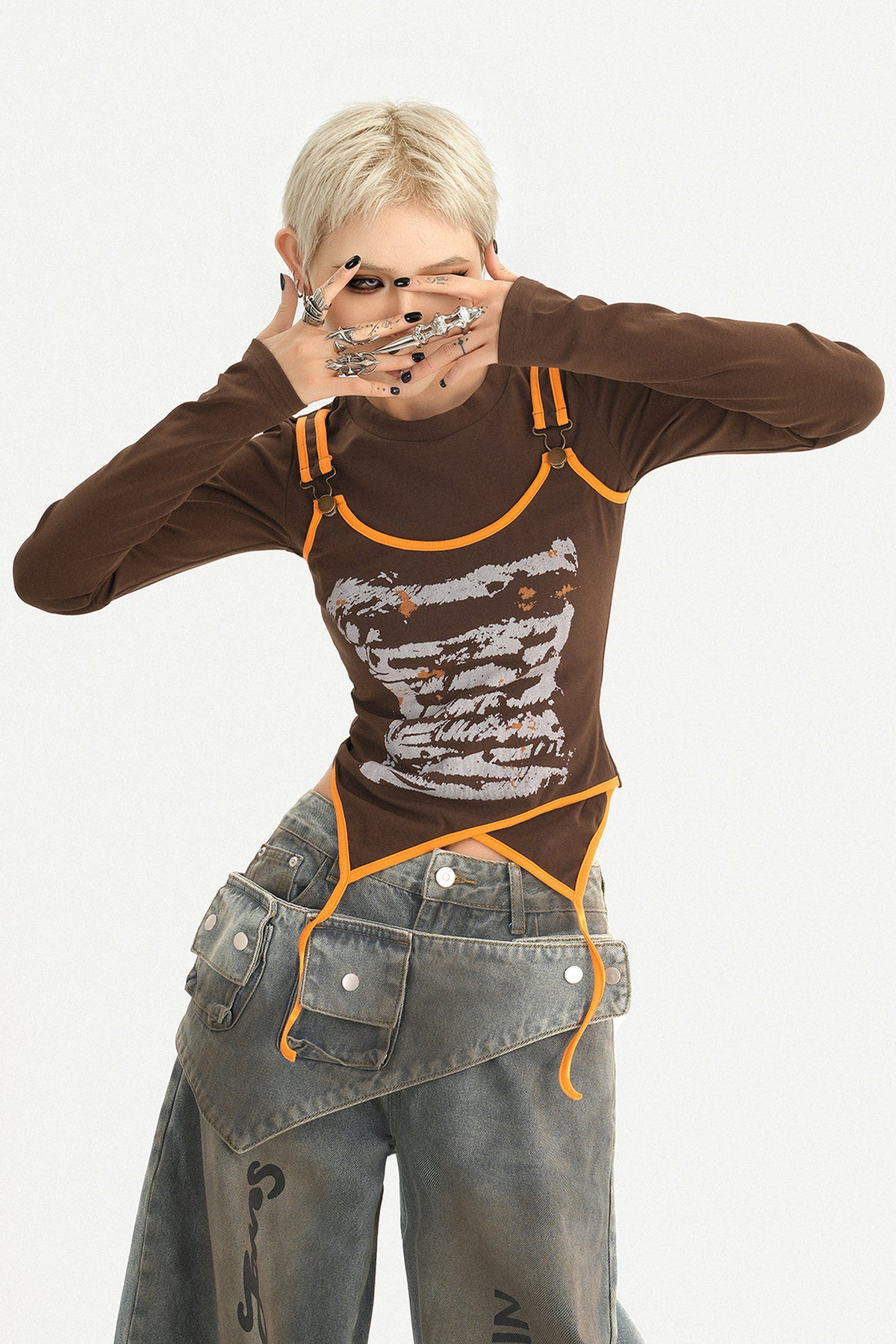 Printed Spliced Layered-Look Long-Sleeve T-shirt