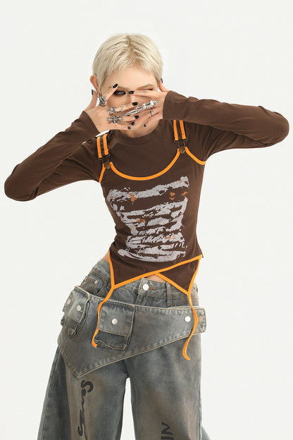 Printed Spliced Layered-Look Long-Sleeve T-shirt