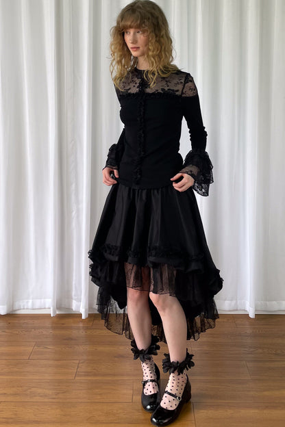 Lace Patchwork Ruffle Sleeve Knit Top