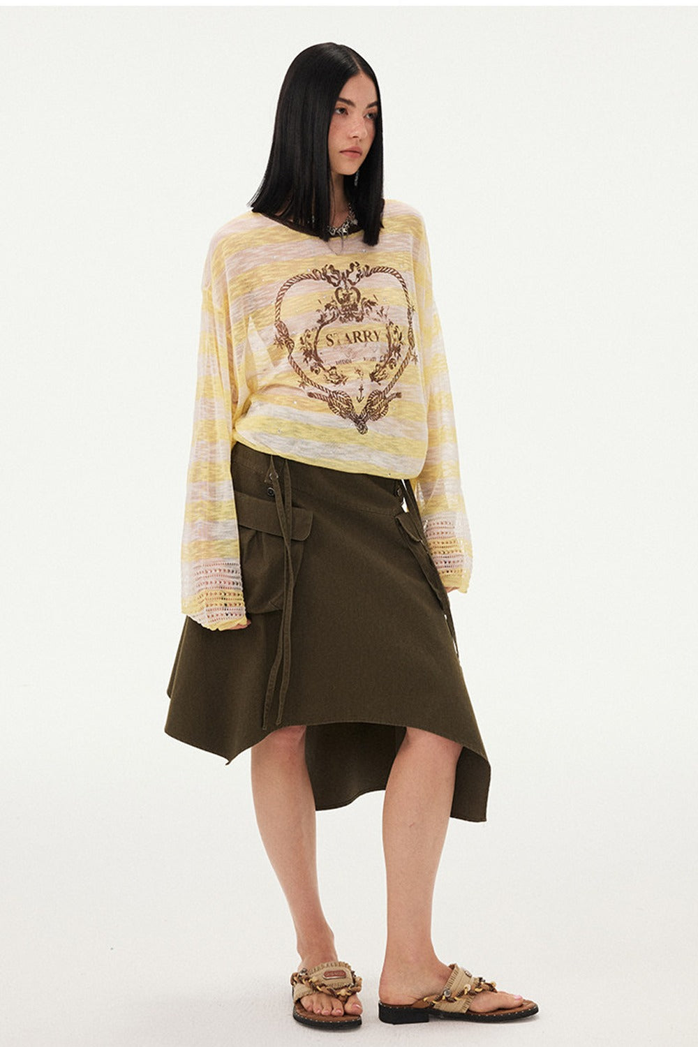 Knotted Heart Striped Knit Blouse