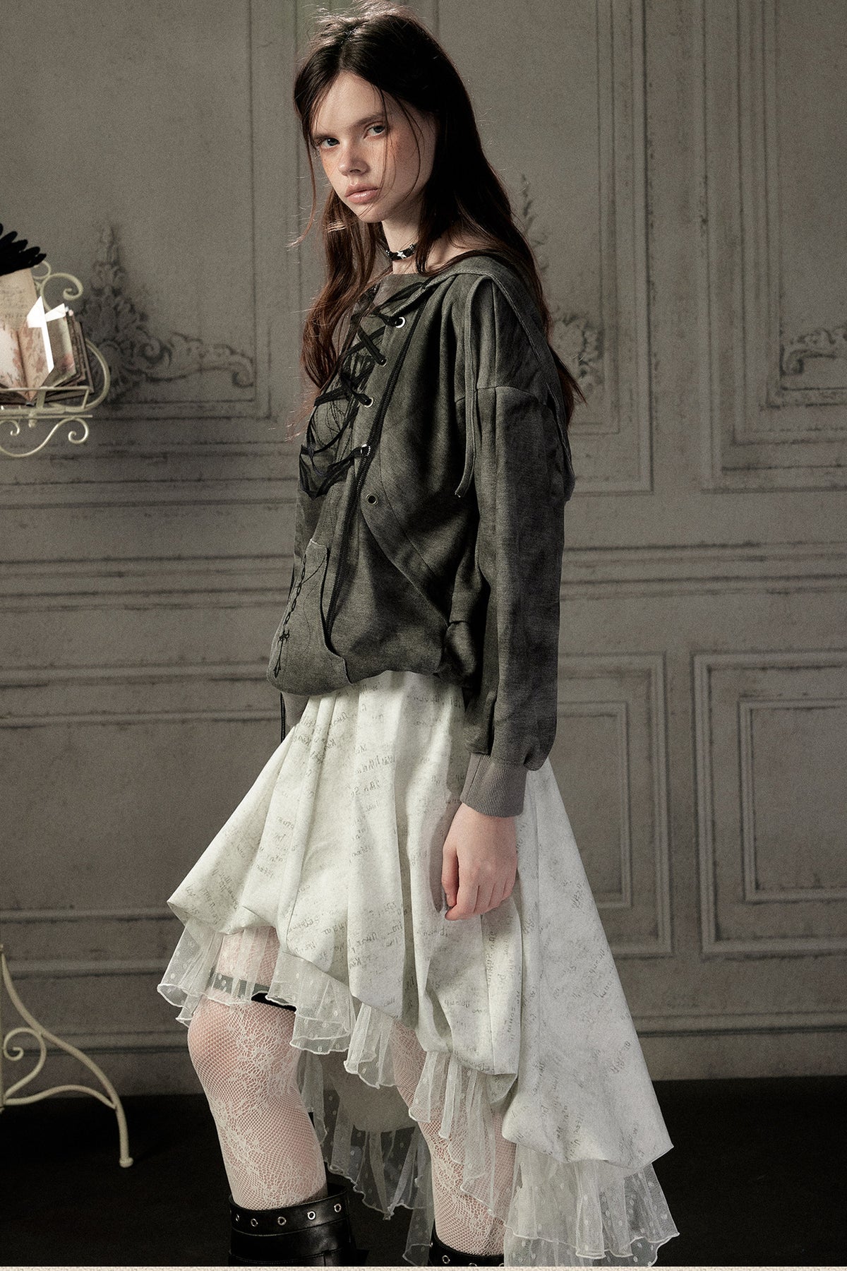 Distressed Drawstring Cross Print Hooded Pullover Sweatshirt
