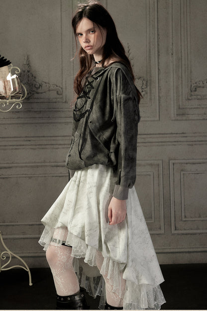 Distressed Drawstring Cross Print Hooded Pullover Sweatshirt