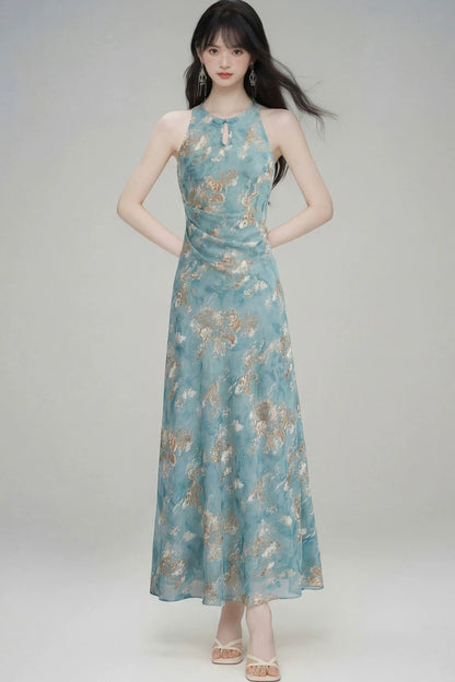 New Chinese Gold Jacquard Dress