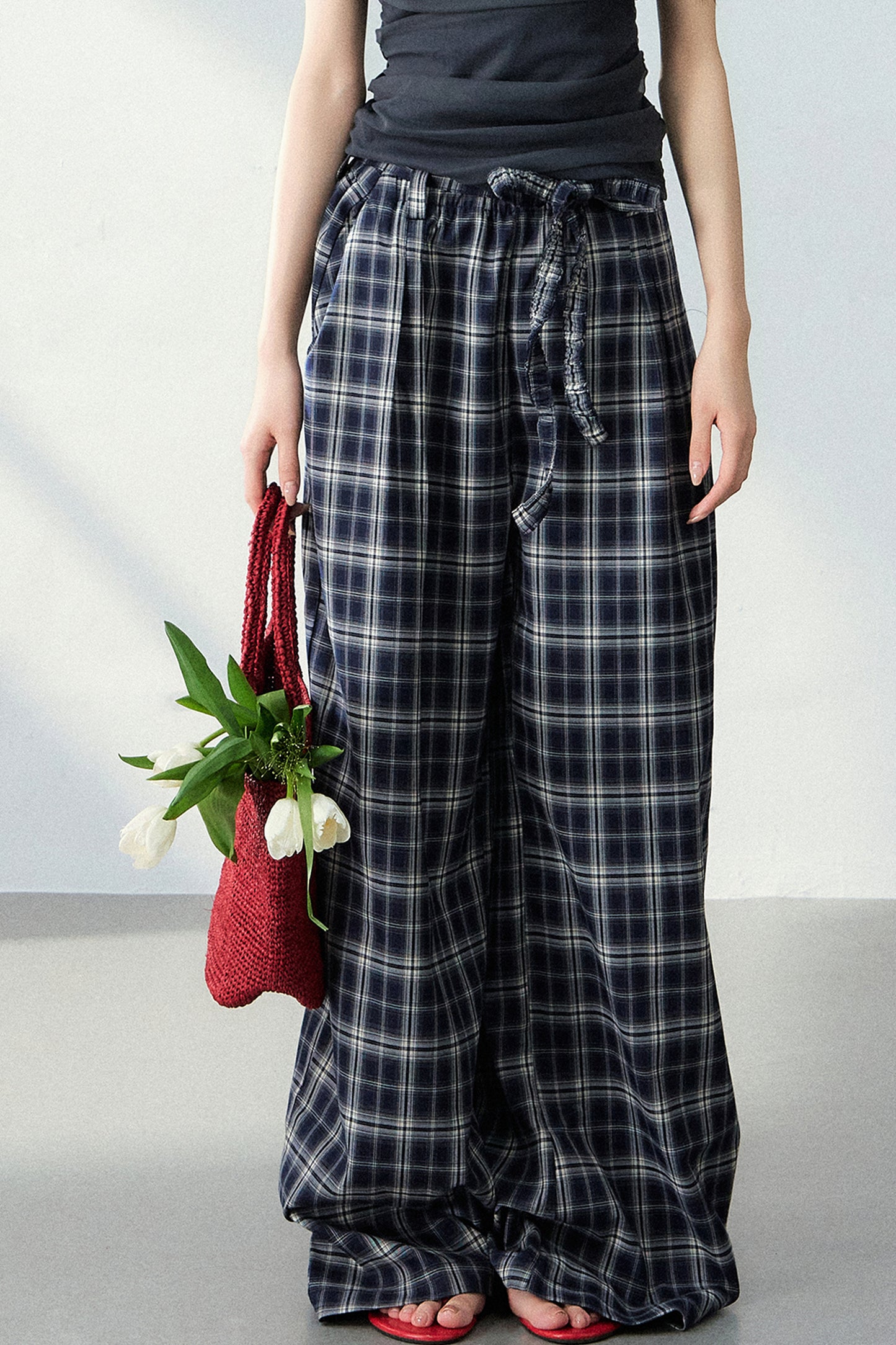 Navy Blue Plaid Wide-Leg Pants