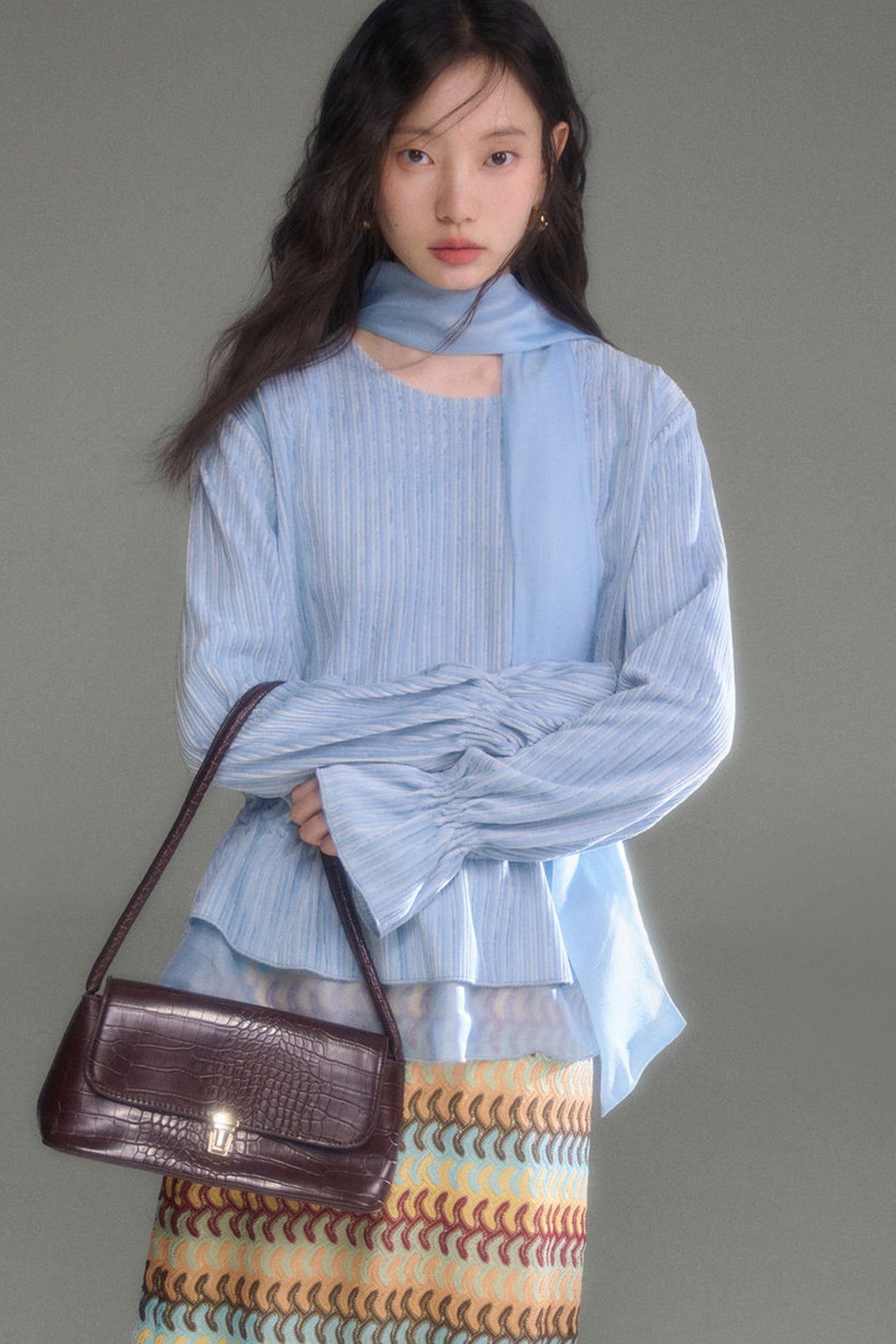Moonlight Waterfall Long-Sleeve Ribbon Top and Skirt Set-Up