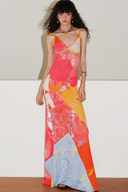 Chinese Print Lace Slip Dress