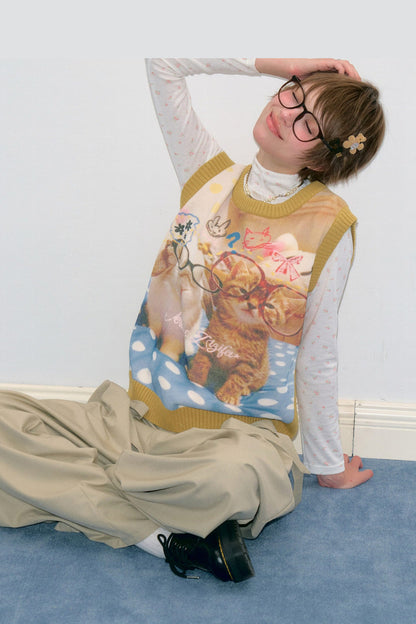 Cat Print Knit Vest