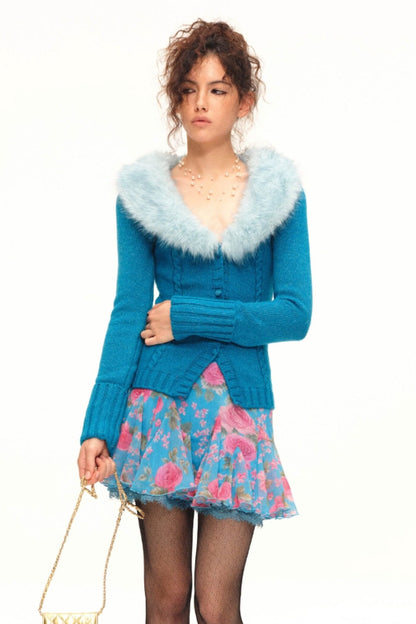 Printed Wool Knit Cardigan and Skirt Set-Up