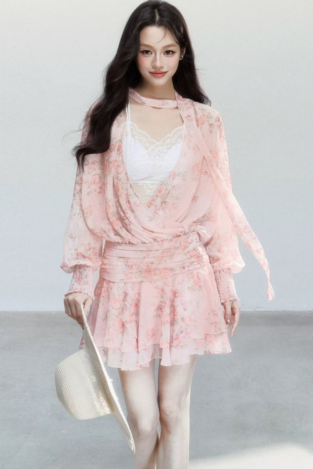 Completo Abito Floreale in Chiffon Rosa