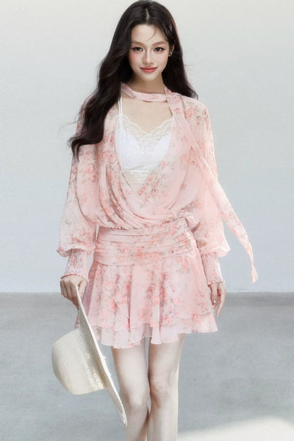 Completo Abito Floreale in Chiffon Rosa