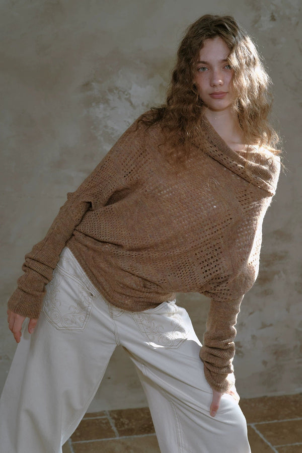 Off-Shoulder Wool Batwing Knit Top