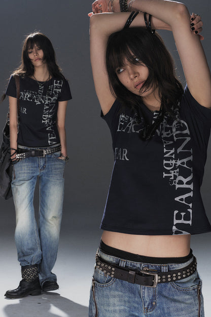 Silver Glitter Letter Print Short-Sleeve T-Shirt