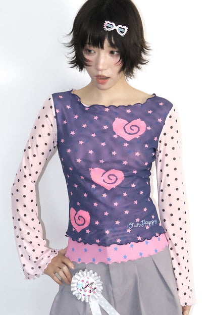 Polka Dot Bell Sleeve Mesh Top