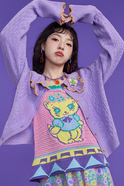 Gilet en maille ajourée à motif chaton rose