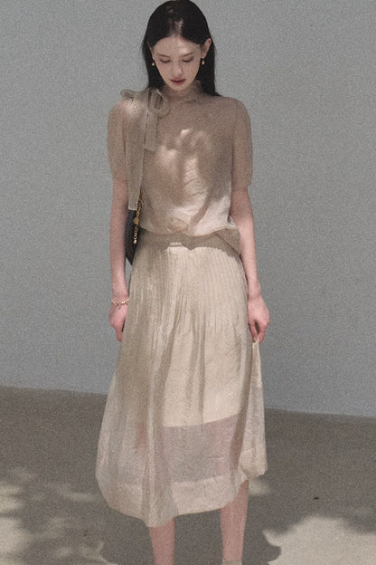 Short-Sleeved Chiffon Blouse and Pleated Mesh Skirt Set-Up