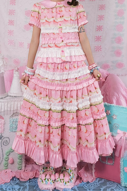 Rose Print Bubble Sleeve Blouse and Cake Skirt Set