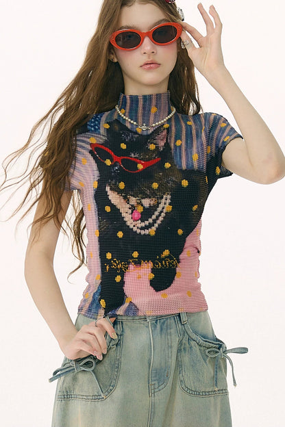 Polka Dot Pleated T-Shirt