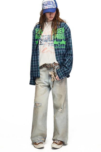 Distressed Straight-Leg Long Pants