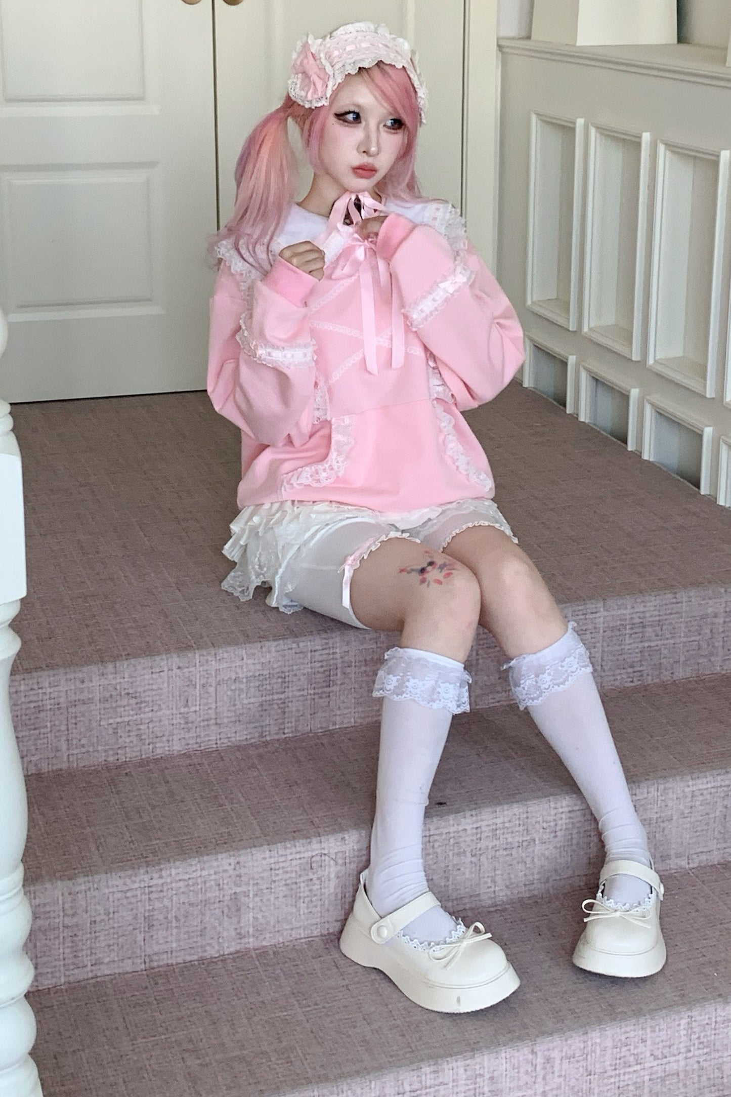 Bow Lace Trim Detachable Collar Sweatshirt and Leggings Set-Up