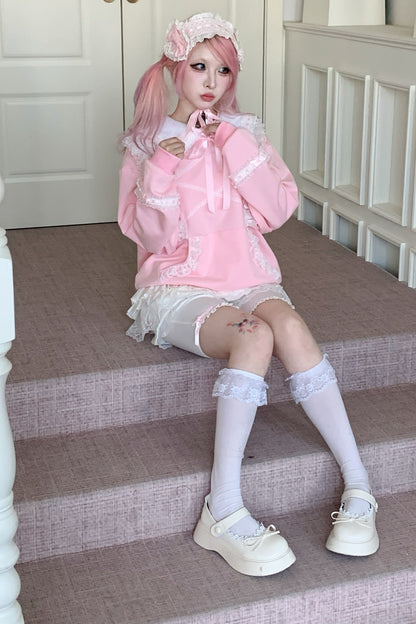 Bow Lace Trim Detachable Collar Sweatshirt and Leggings Set-Up