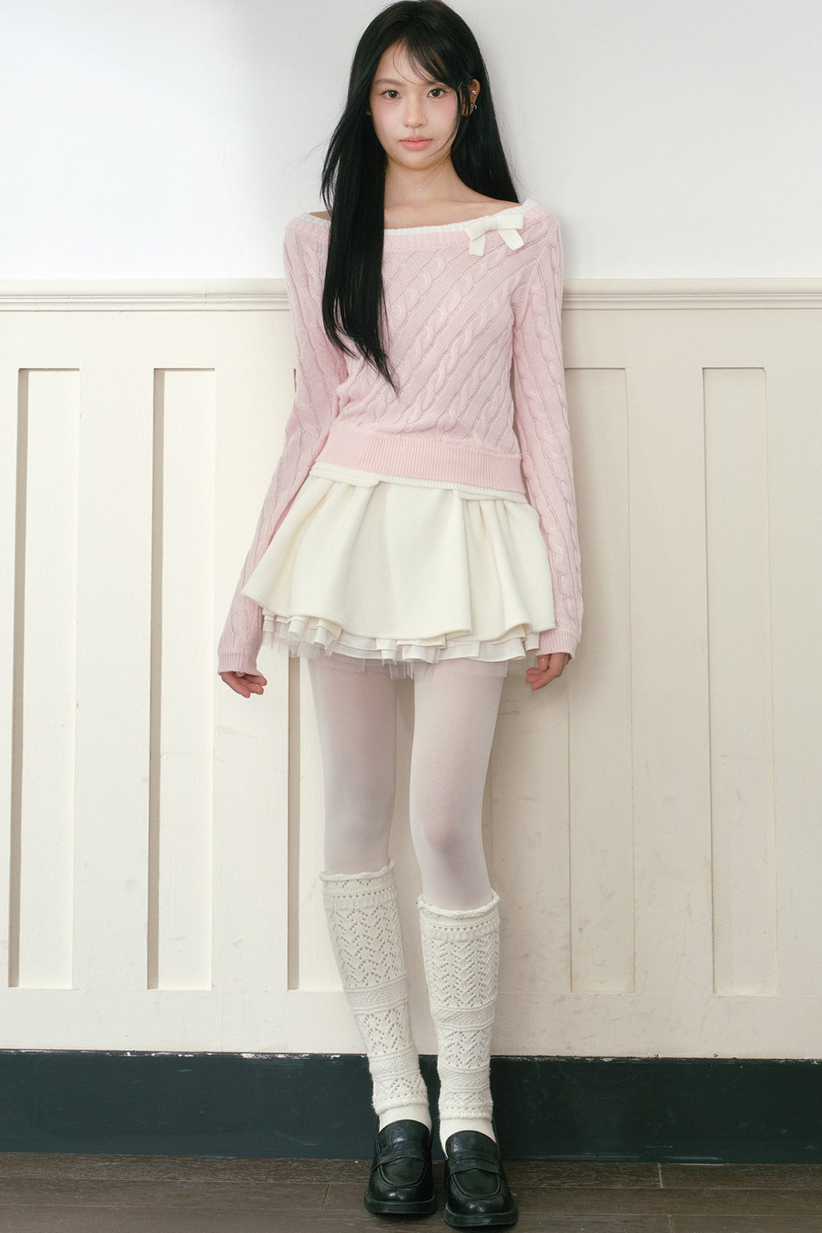 Pink Bow Cable-Knit Off-Shoulder Sweater