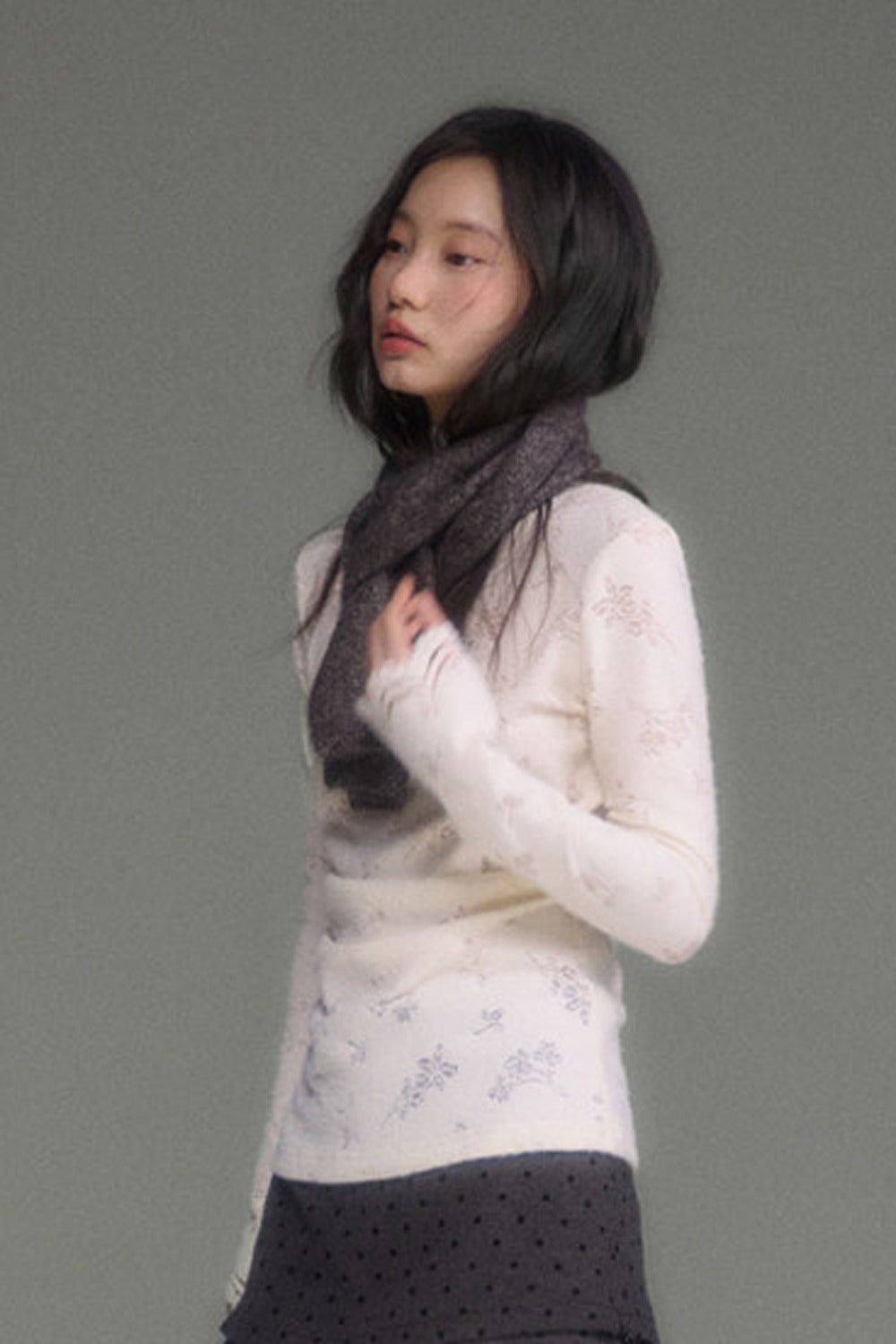 Youeruare Original Design Gardenia Mousse Hollow Lace Trim Knitted Base Shirt Long-Sleeve Top