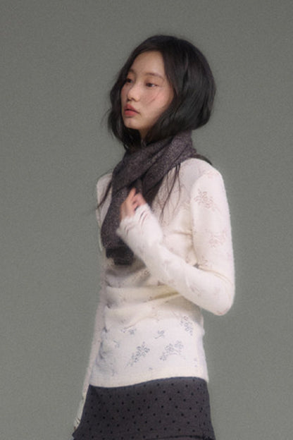 Youeruare Original Design Gardenia Mousse Hollow Lace Trim Knitted Base Shirt Long-Sleeve Top