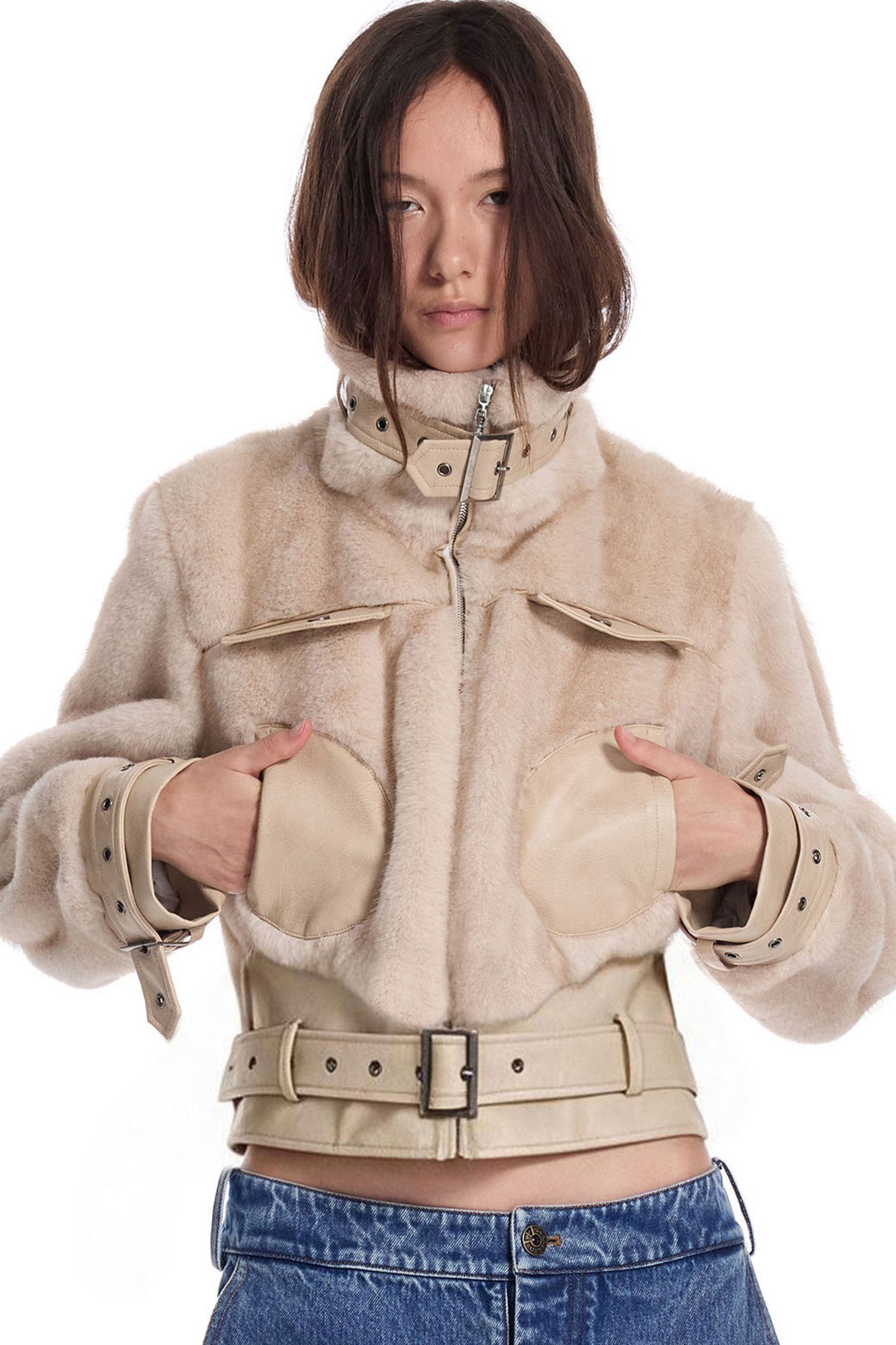 Imitation Mink Fur PU Leather Splicing Jacket