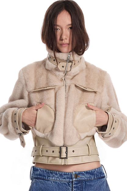 Imitation Mink Fur PU Leather Splicing Jacket