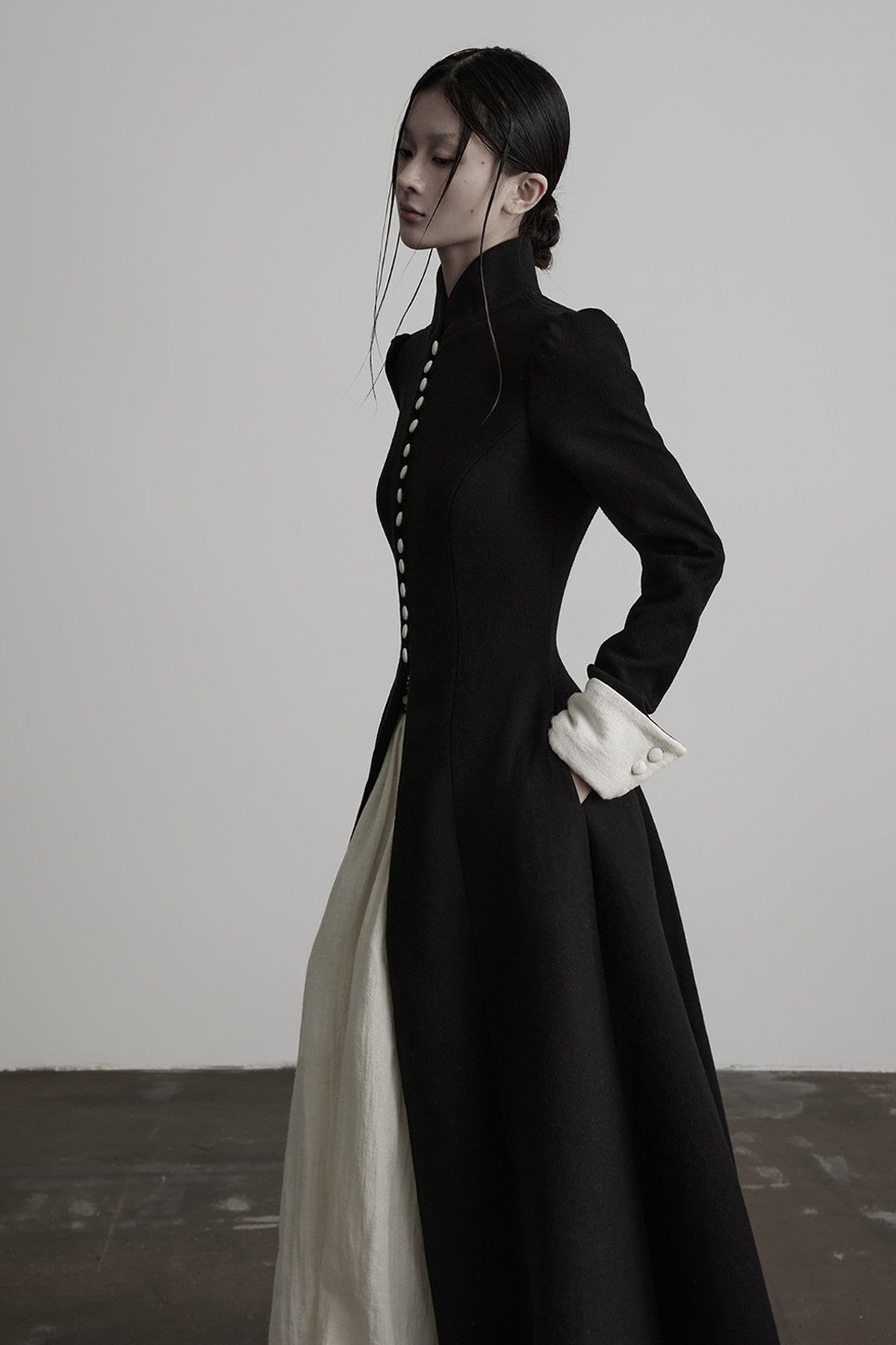 100% Wool Stand Collar Tie-Back Long Coat