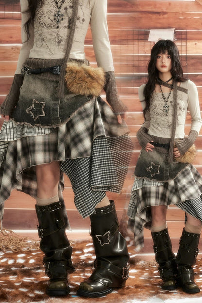 Jupe asymétrique en denim patchwork
