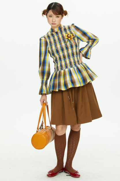 Brown Wide-Leg Ruffle Waist Shorts