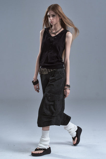 Hooded Patchwork Kangaroo Pocket Sleeveless Tank