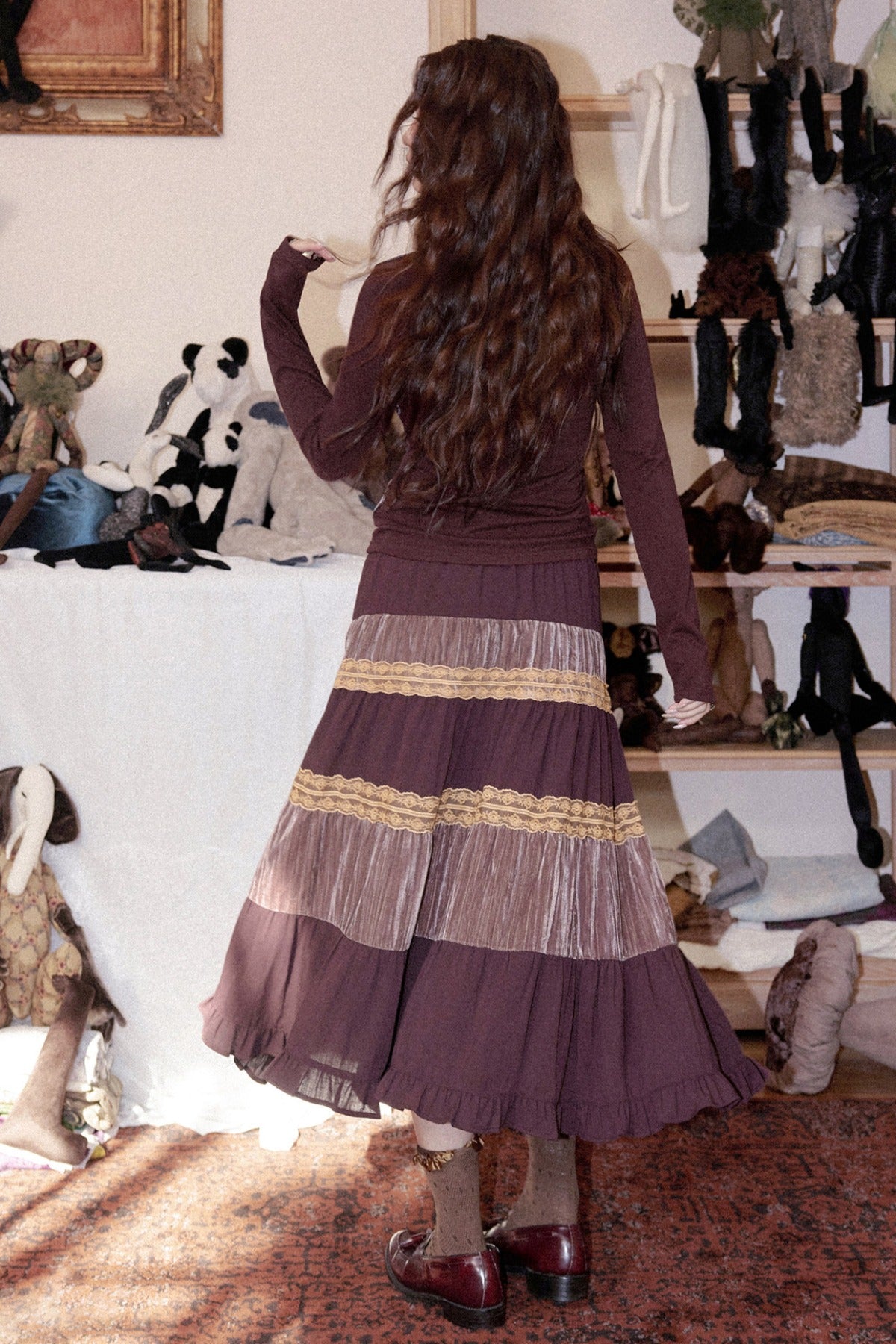 Crinkled Velvet Floral A-Line Skirt