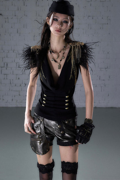 Gold Foil Feather Fringe Vest
