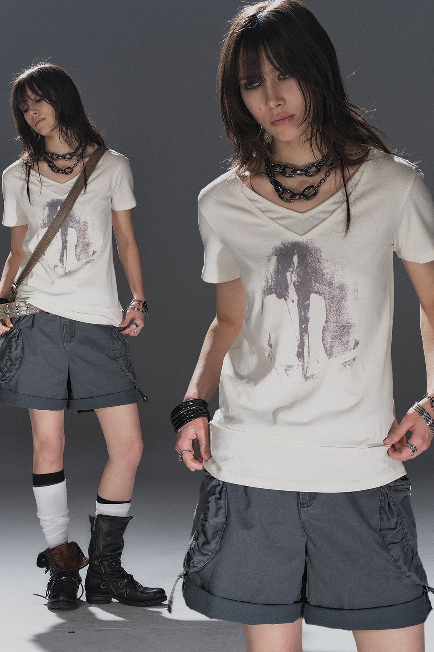 T-shirt a doppio strato con scollo a V, stampa ritratto e orlo sfrangiato