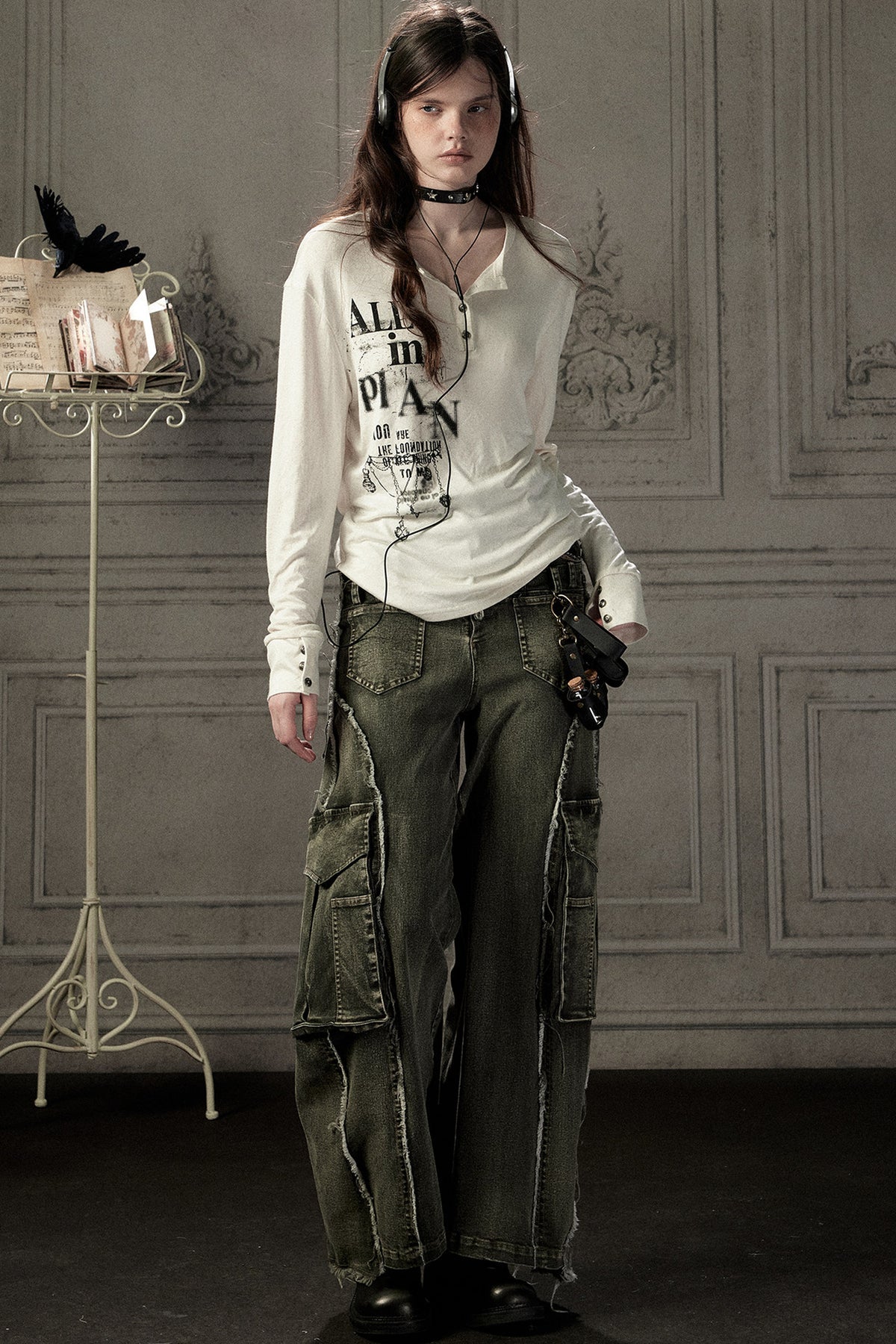 Beige Printed Long-Sleeved T-Shirt