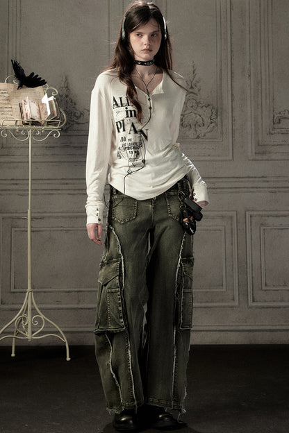 Beige Printed Long-Sleeved T-Shirt