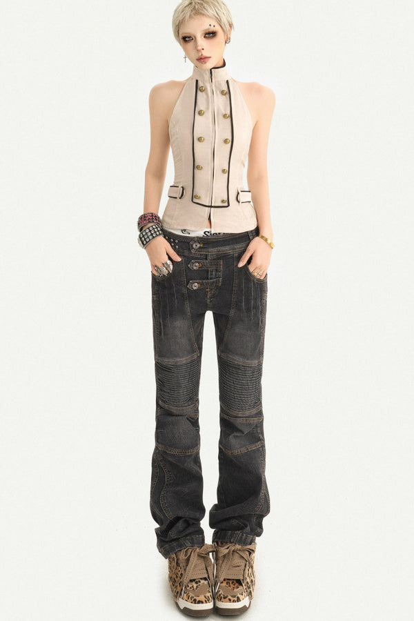Washed Pleated Straight Biker Jeans