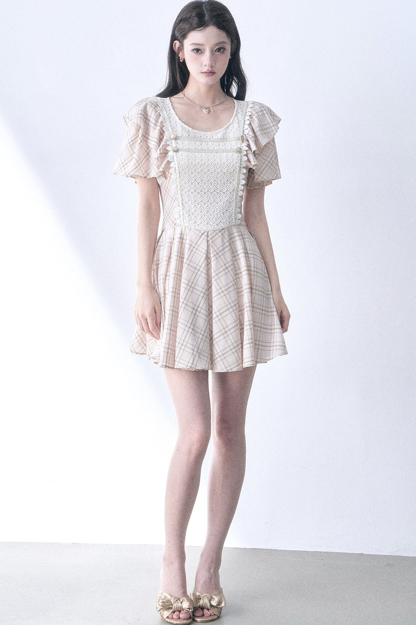 Knitted Patchwork Plaid Flutter-Sleeve Dress